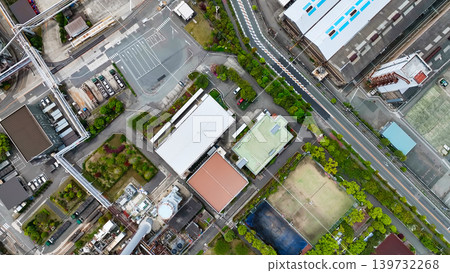 Aerial drone footage of a factory landscape from directly above. Aerial drone footage of a factory landscape from directly above. 139732268
