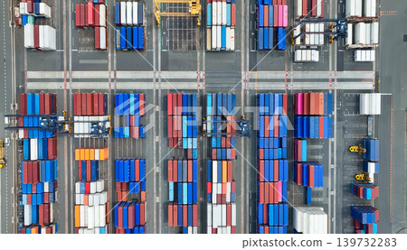 Drone aerial view of a container yard from directly above. Drone aerial view of a container yard from directly above. 139732283