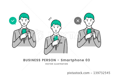 A set of expressive illustrations of a man in a suit operating a smartphone. A set of expressive illustrations of a man in a suit operating a smartphone. 139732545