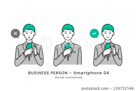 A set of illustrations of a man in a suit operating a smartphone. A set of illustrations of a man in a suit operating a smartphone. 139732546