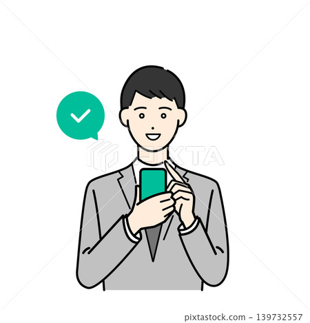 Illustration of a man in a suit looking happy while looking at his smartphone. 139732557