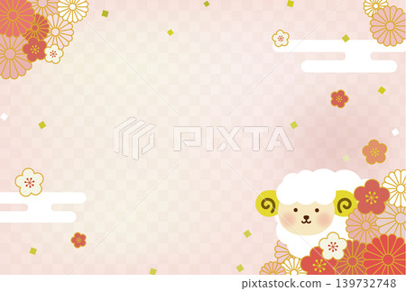 2027羊年新年賀卡插畫 - 橫版 | 無文字 - 可愛的綿羊和日式花卉設計 139732748