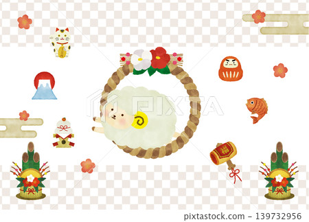 Watercolor-style New Year's card illustration for 2027 (Year of the Sheep), horizontal orientation | No text, cute sheep and shimenawa (sacred rope), auspicious New Year's design Watercolor-style New Year's card illustration for 2027 (Year of the Sheep), horizontal orientation | No text, cute sheep and shimenawa (sacred rope), auspicious New Year's design 139732956