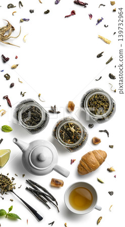 Large assortment of tea on a white background. The view from the top Large assortment of tea on a white background. The view from the top 139732964