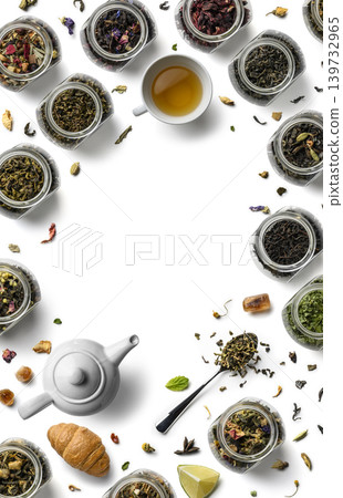 Large assortment of tea on a white background. The view from the top 139732965