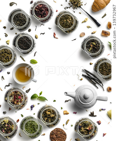 Large assortment of tea on a white background. The view from the top 139732967