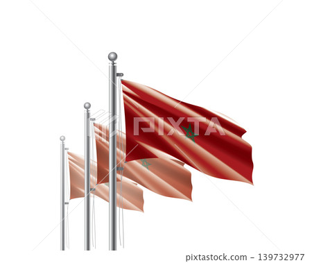 Brightly shining Moroccan flags wave proudly on tall masts during official celebration events Brightly shining Moroccan flags wave proudly on tall masts during official celebration events 139732977