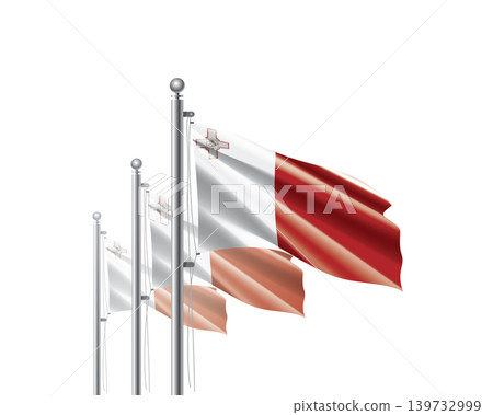 Brightly shining Malta flags wave proudly on tall masts during official celebration events 139732999