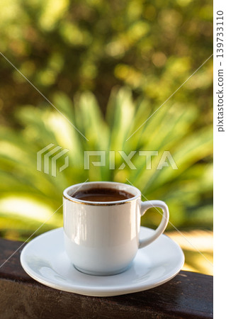 Turkish coffee in white cup on saucer with green garden background, traditional drink Turkish coffee in white cup on saucer with green garden background, traditional drink 139733110