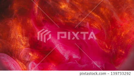 Vapor defocused mix. Colorful fog. Pink red orange pigment dissolve in cloud texture. Ink haze abstract shimmering curl bright background. 139733292