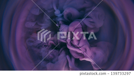 Cloud blend. Defocused ink background. Blur purple blue lilac color twirl liquid circle texture floating on creative acrylic abstraction. Cloud blend. Defocused ink background. Blur purple blue lilac color twirl liquid circle texture floating on creative acrylic abstraction. 139733297