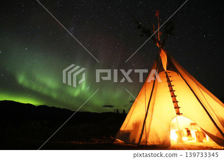 A fantastical aurora and a night view of camping tents. A fantastical aurora and a night view of camping tents. 139733345