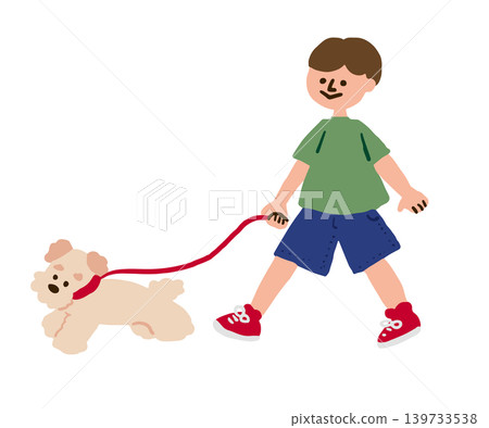 男孩遛狗的插圖。 139733538