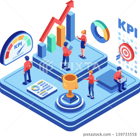 Isometric Business Team Analyzing KPI Dashboard and Performance 139733558