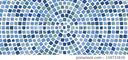 Grey round mosaic pebble stone pattern. Radial cobblestone background. Blue stone sidewalk paved circle texture. Repeating tessellation rock wallpaper. Vector landscaping brick pavement backdrop 139733630