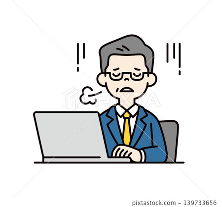 Vector illustration of the upper body of a CEO, executive, or boss sighing in exhaustion in front of a laptop. Vector illustration of the upper body of a CEO, executive, or boss sighing in exhaustion in front of a laptop. 139733656