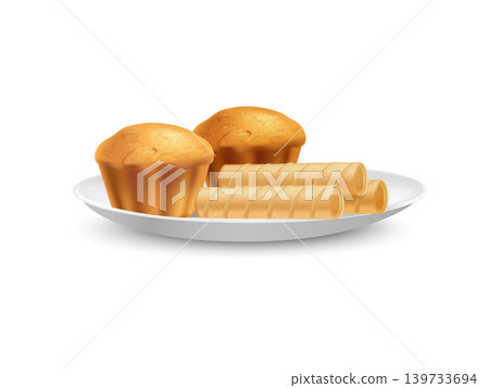 Cakes on ceramic plate 3d render on transparent background 139733694