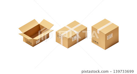 Cartoon cardboard boxes. Carton delivery boxes, open and closed shipping package with fragile signs, parcel delivery boxes 139733699