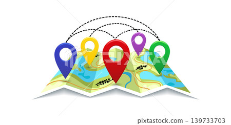 City map in folded paper with red pin pointer for location illustration City map in folded paper with red pin pointer for location illustration 139733703