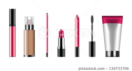Collection of beauty accessories and makeup products blank mockup 3d realistic illustration Collection of beauty accessories and makeup products blank mockup 3d realistic illustration 139733706
