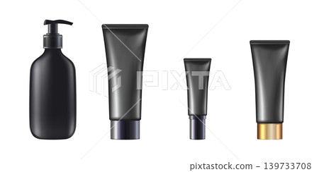 Collection of cream bottles, jars black mockup on transparent background. Cosmetic packaging template Collection of cream bottles, jars black mockup on transparent background. Cosmetic packaging template 139733708