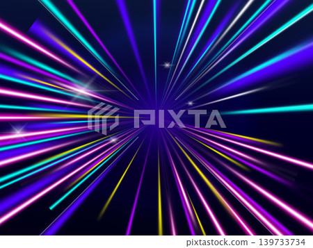 Cyberpunk light trails in motion or light slow shutter effect. Acceleration speed motion on night road. Bright sparkling background Cyberpunk light trails in motion or light slow shutter effect. Acceleration speed motion on night road. Bright sparkling background 139733734