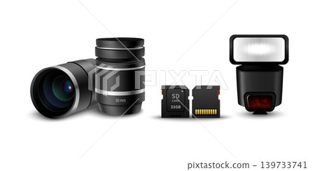 Digital camera accessories 3d illustration. lense, light, memory card realistic illustration Digital camera accessories 3d illustration. lense, light, memory card realistic illustration 139733741