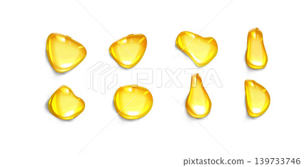 Drops of oil. Gold honey or yellow argan oil droplet set. 3d yellow serum liquid drop stain with bubble Drops of oil. Gold honey or yellow argan oil droplet set. 3d yellow serum liquid drop stain with bubble 139733746