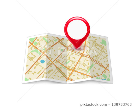 Folded paper city map with red pin pointer Folded paper city map with red pin pointer 139733763