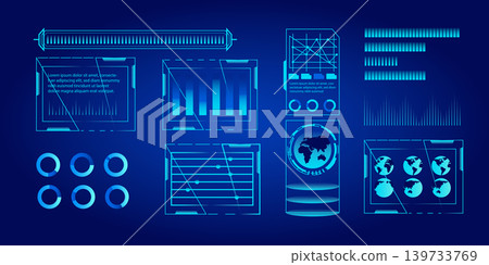 Futuristic HUD Ui for app. User interface HUD and Infographic elements, virtual graphic, simulation, graph, Augment reality and screen monitor interface 139733769