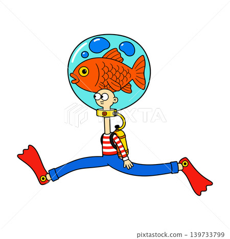 Cartoon Diver with Goldfish Helmet Doing the Splits Cartoon Diver with Goldfish Helmet Doing the Splits 139733799