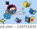 Girl with Mask Reaching for Books 139733839