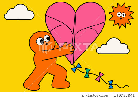 Cartoon Character Flying a Heart Kite Cartoon Character Flying a Heart Kite 139733841