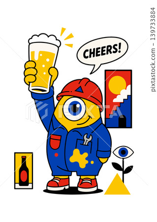 Cartoon Worker Toasting with Beer 139733884