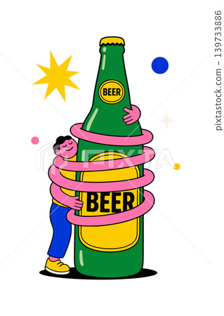 Man Hugging Beer Bottle Illustration 139733886