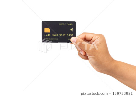 Close up Hand Holding Black Credit Card Mockup Isolated on White Background for Banking and Financial Payment Concept Close up Hand Holding Black Credit Card Mockup Isolated on White Background for Banking and Financial Payment Concept 139733981