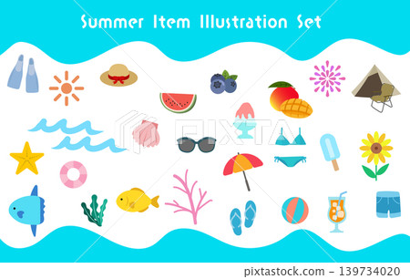 可愛的手繪風格夏季物品插畫集 | 海洋、沙灘和夏季用品系列 139734020