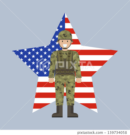 Soldier with USA flag on map. USA Memorial day concpet. 139734058