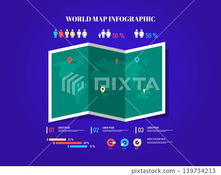 Infographic with folded world map flat design for indicating different informations Infographic with folded world map flat design for indicating different informations 139734213