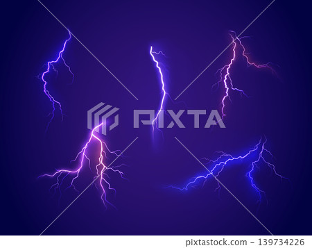 Lightning thunderbolt strikes during storm at night. realistic set of blue and yellow electric impact, sparking discharge of thunderstorm 139734226