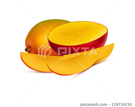Mango Whole and pieces. Sweet fruit 3d Realistic illustration Mango Whole and pieces. Sweet fruit 3d Realistic illustration 139734238