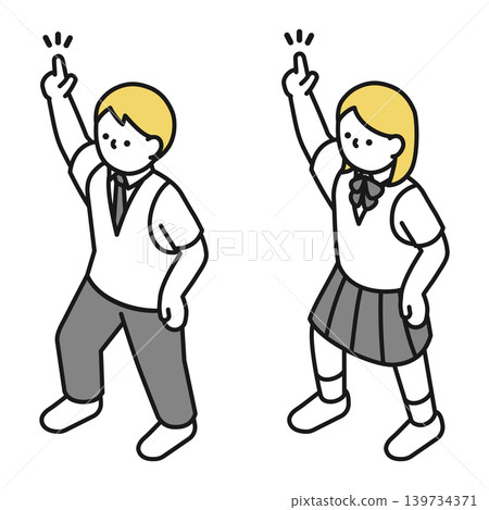 Isometric illustration: High school boy and girl (summer uniforms) pointing their index fingers upwards. 139734371
