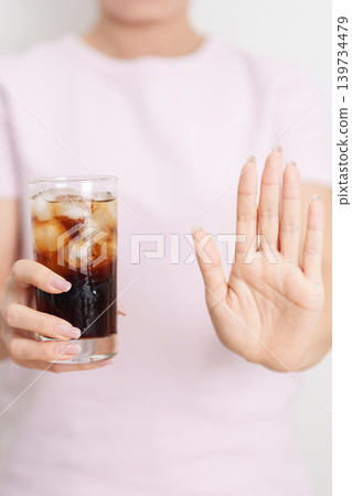 Healthy woman hand stop sign to refuse soft drink and soda, say no to sugar and carbonated beverage, healthy lifestyle, Acid reflux, Heartburn and Gastritis concept 139734479