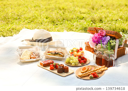 A stylish picnic and sweets-filled holiday scene to enjoy in a spring park. A stylish picnic and sweets-filled holiday scene to enjoy in a spring park. 139734618