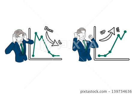 An illustration of a businessman comparing a downward trend and an upward trend graph. An illustration of a businessman comparing a downward trend and an upward trend graph. 139734636