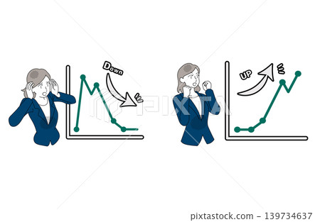 An illustration of a female office worker comparing a downward trend and an upward trend graph. An illustration of a female office worker comparing a downward trend and an upward trend graph. 139734637