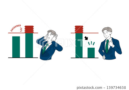 An illustration of a businessman comparing exceeding the spending limit with cost reduction. 139734638