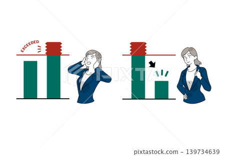 一幅插圖,描繪了一位女上班族將超出支出限額與降低成本進行比較。 一幅插圖,描繪了一位女上班族將超出支出限額與降低成本進行比較。 139734639