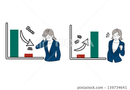 An illustration of a female office worker comparing bar graphs showing decreases and increases. An illustration of a female office worker comparing bar graphs showing decreases and increases. 139734641
