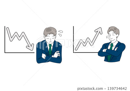 An illustration of a businessman comparing line graphs showing a decline and an increase in trend. An illustration of a businessman comparing line graphs showing a decline and an increase in trend. 139734642